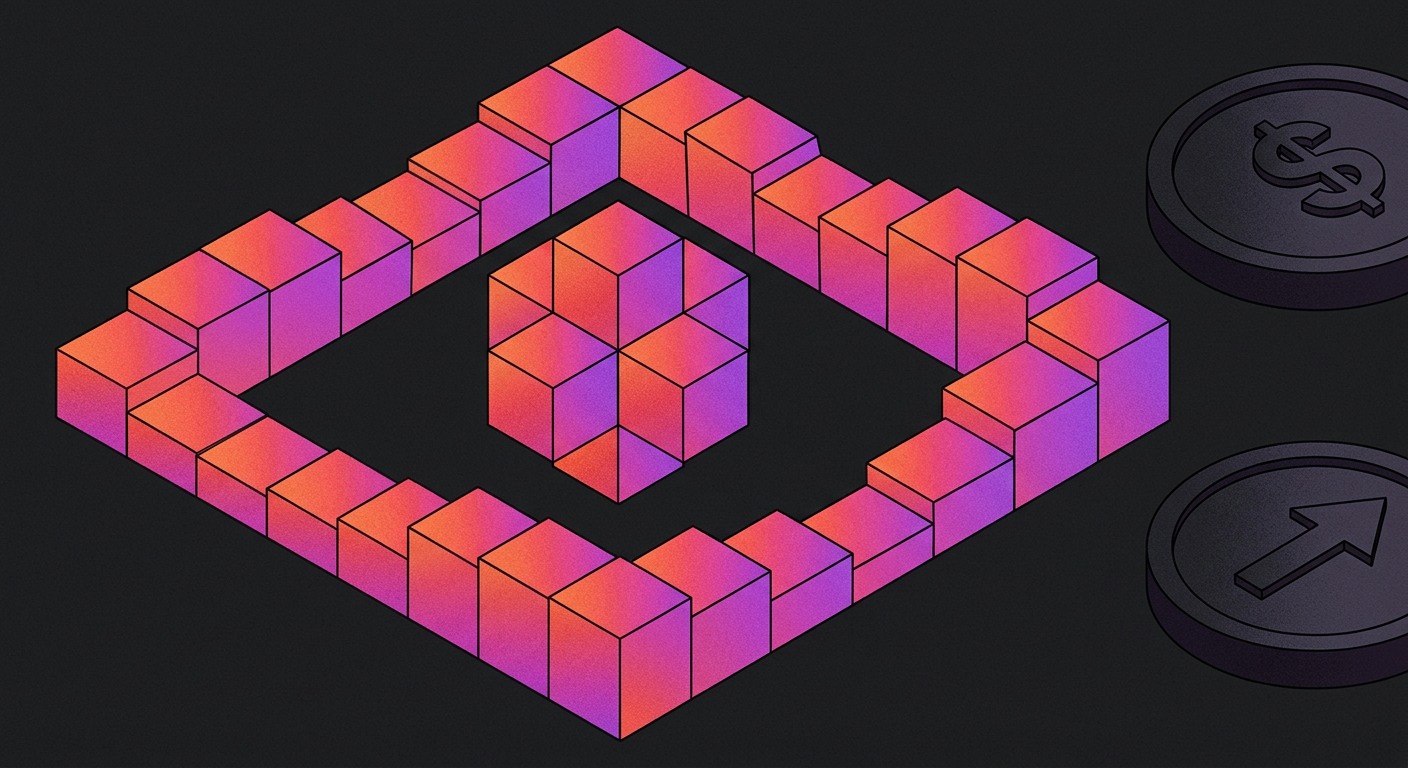Isometric ring of grainy orange-to-purple blocks stepping upward like a ladder, with a dollar disc and an upward-arrow disc beside it