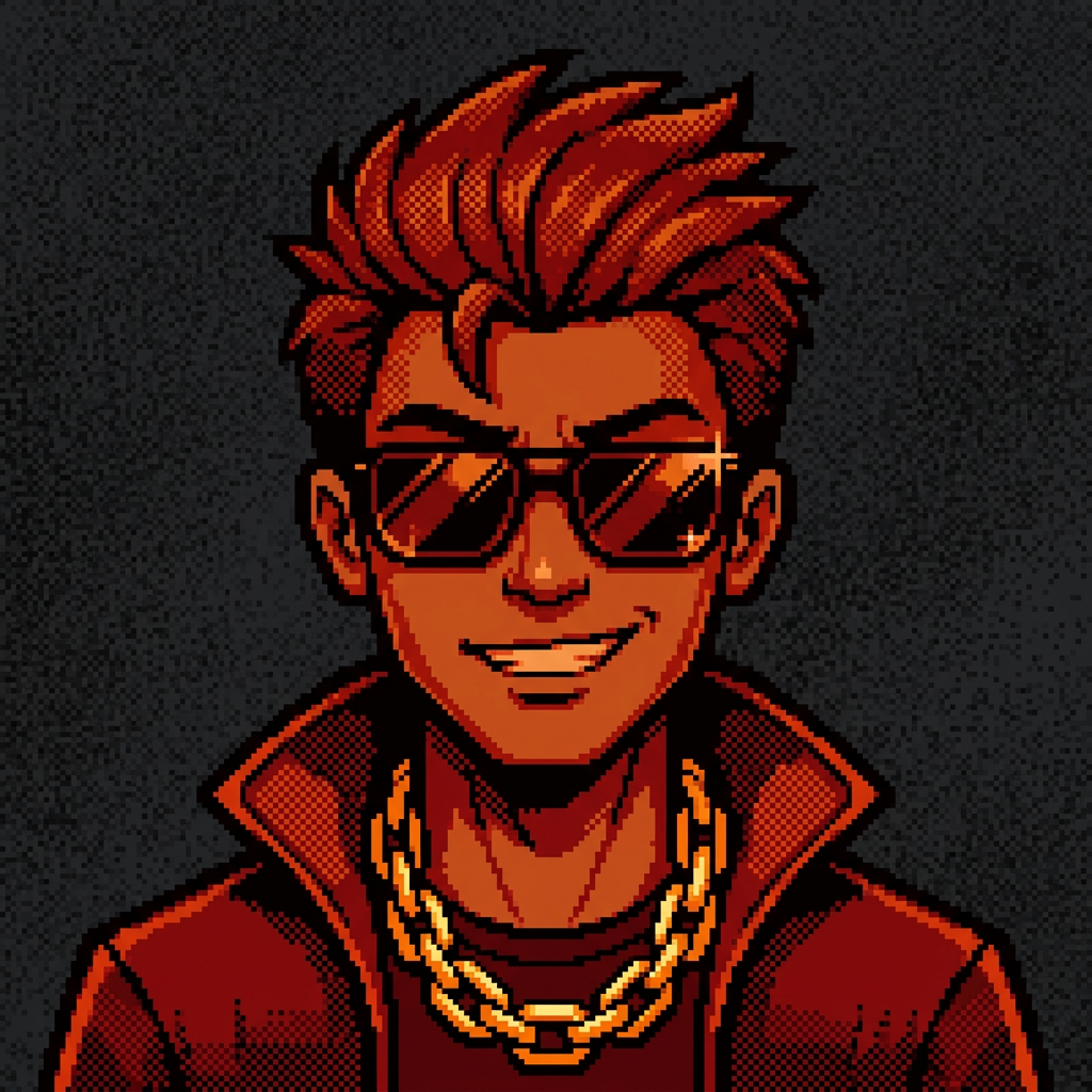 Pixel-art avatar of a grinning man in sunglasses and a gold chain