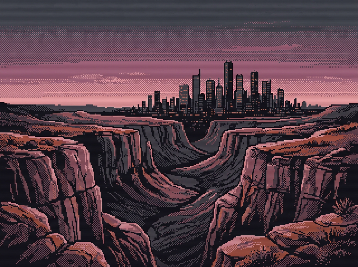 Pixel-art canyon at dusk with a distant city skyline, in dithered mauve, pink and rust